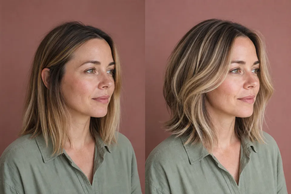 Concept transformation: Grown-out blonde with a flat one-length shape, then Dimensional beige-blonde with soft layers