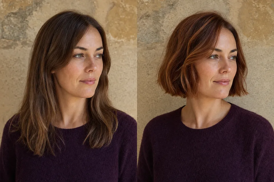 Concept transformation: Long medium-brown hair with a grown-out shape, then Textured chin-length copper bob
