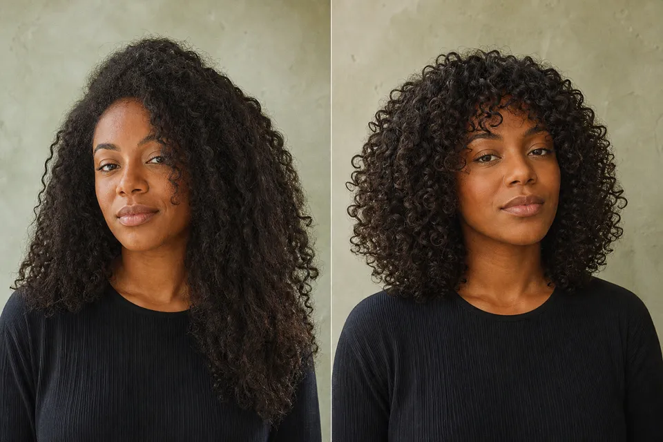 Concept transformation: Long curls with uneven weight and less definition, then Rounded, shoulder-length shape with defined curls